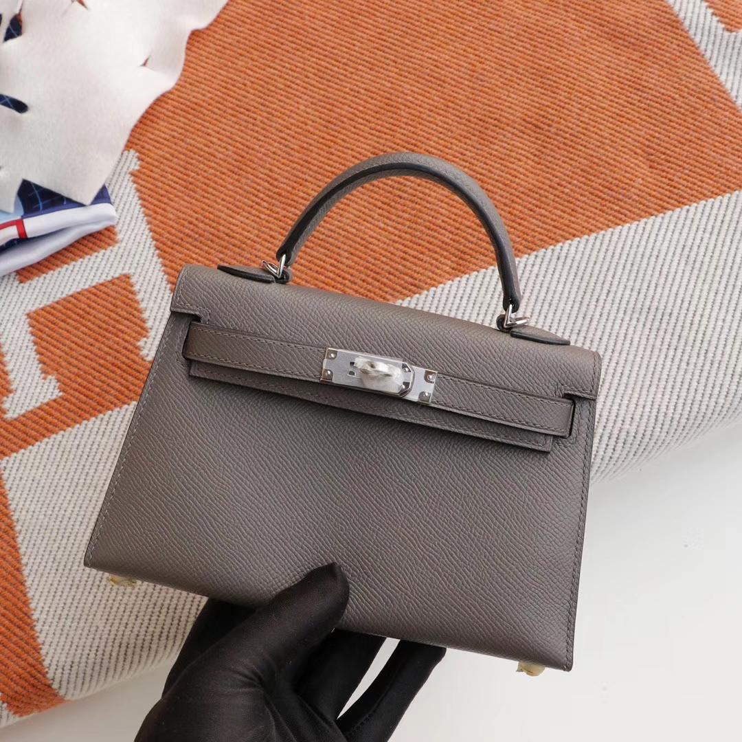HERMES 8F锡器灰 银扣 Minikelly二代 原厂Epsom皮 迷你凯莉包 纯手缝蜡线缝制工艺
