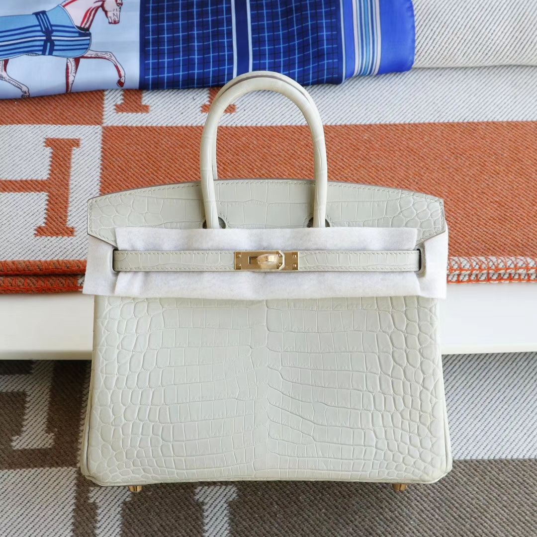 HERMES 8L奶油白 金扣 Birkin25CM 铂金包 雾面鳄鱼俩点 H家老师傅全手缝