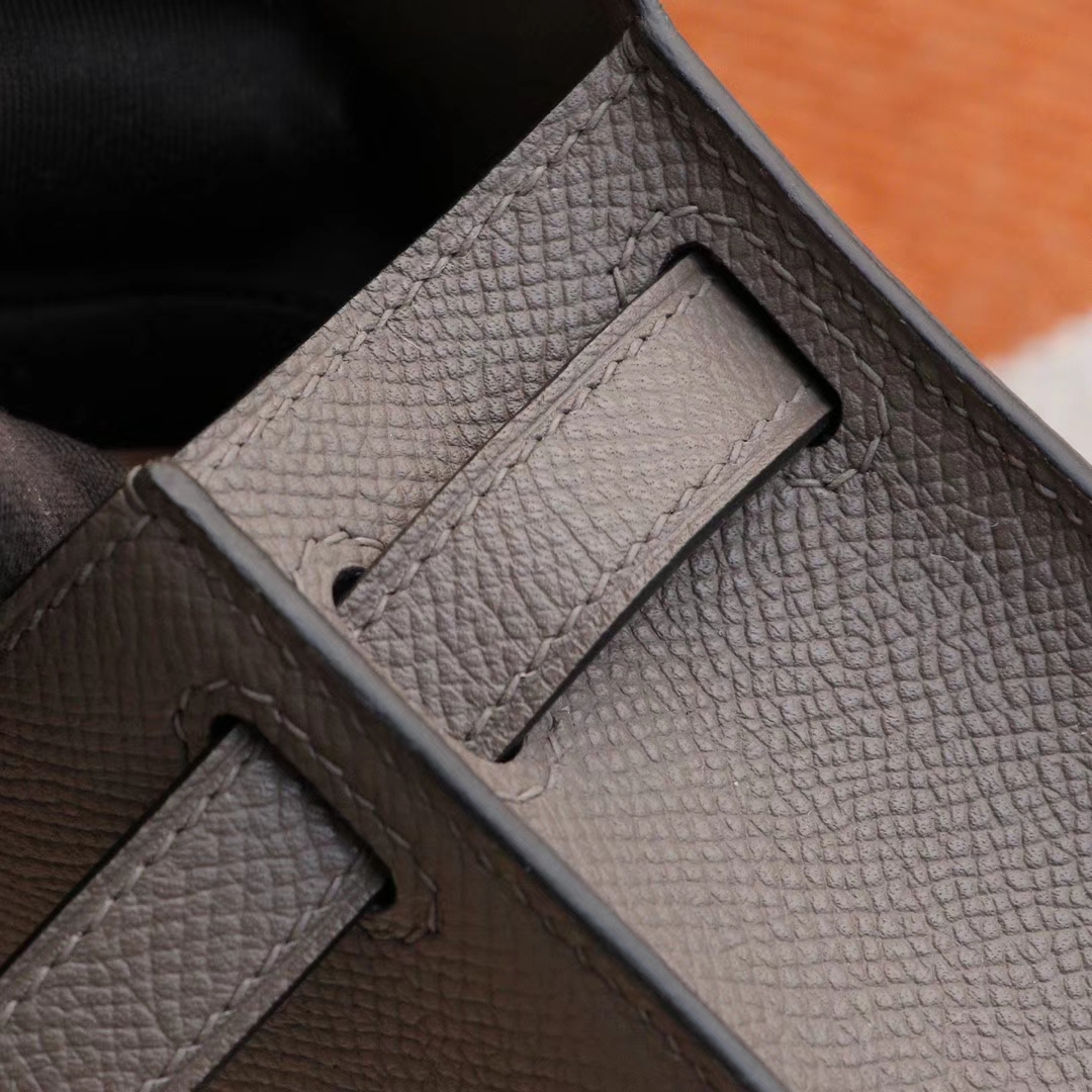 HERMES 8F锡器灰 银扣 Minikelly二代 原厂Epsom皮 迷你凯莉包 纯手缝蜡线缝制工艺