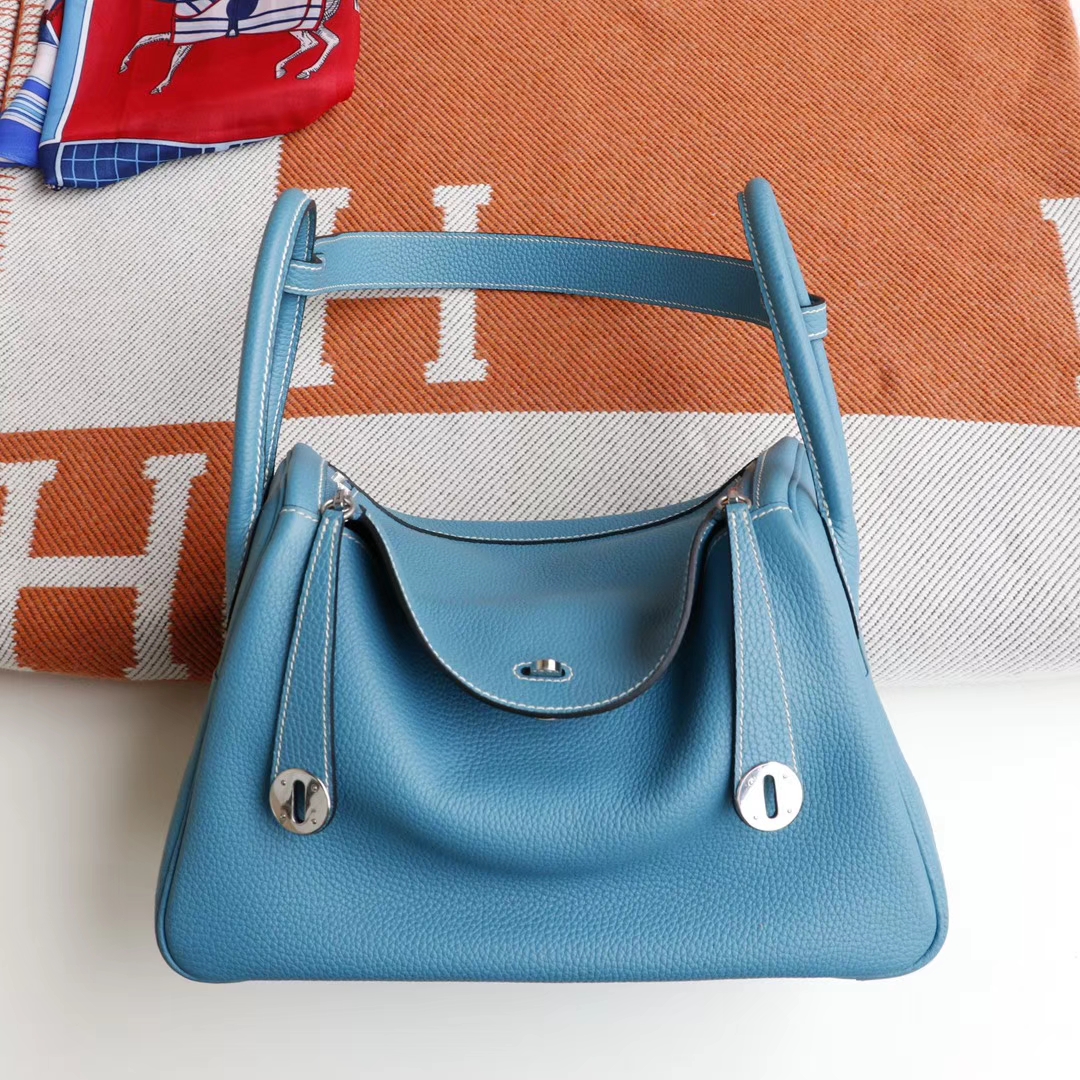 HERMES 7F孔雀蓝 湖水蓝 Lindy30CM togo皮 H家老师傅纯手缝蜡线 琳迪包