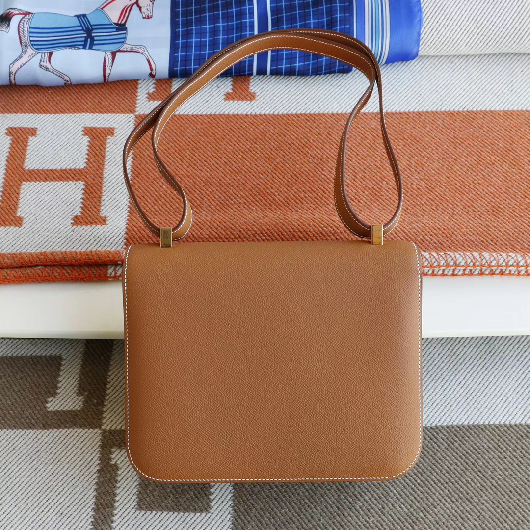 HERMES CK37金棕 金扣 Constance24CM 空姐包 原厂Epsom皮 纯手工手缝工艺制作