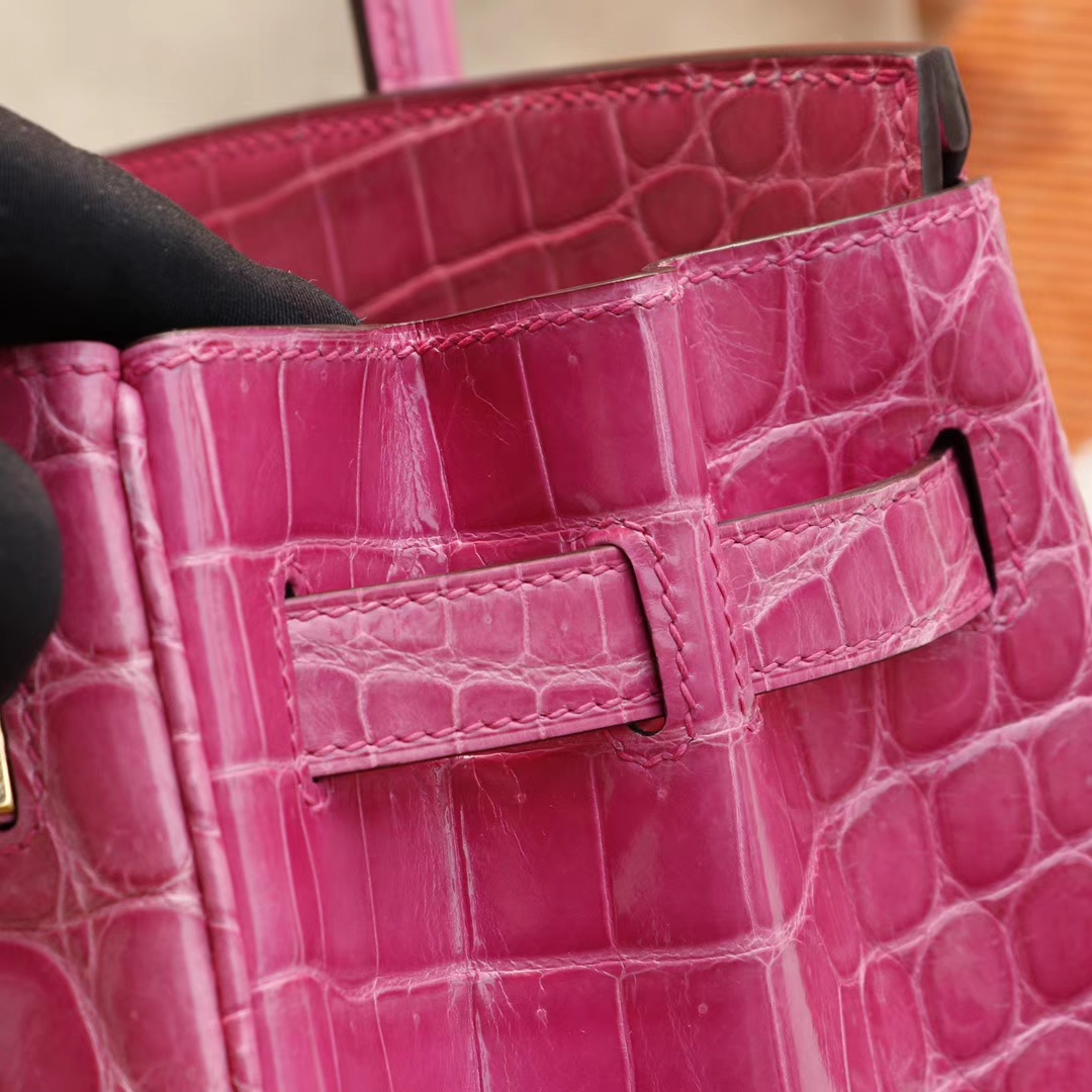 HERMES Birkin30CM 亮面鳄鱼 J5天方夜谭紫桃红色 金扣