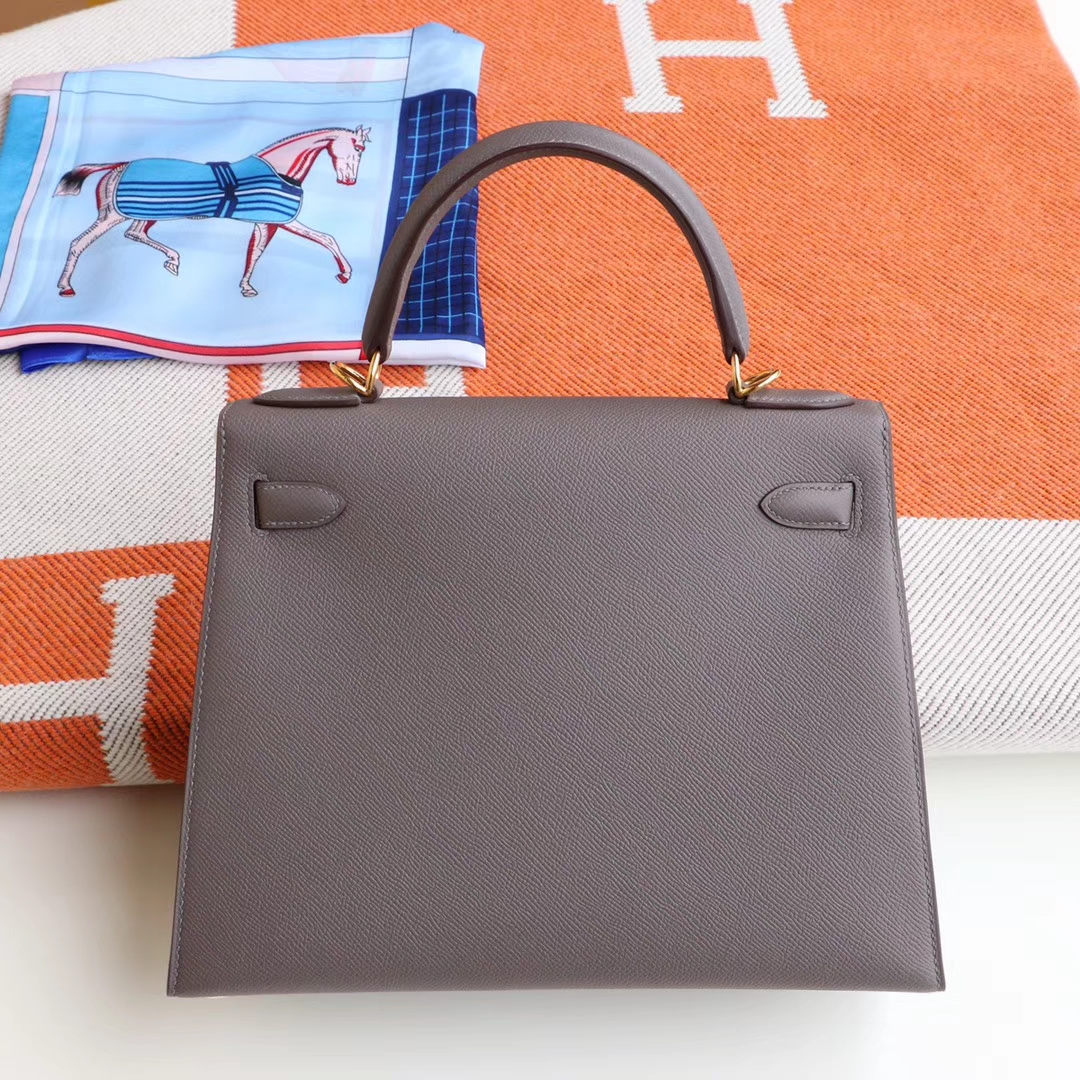 HERMES 8F锡器灰 Kelly28CM 原厂Epsom皮 凯丽凯莉包 纯手缝蜡线缝制工艺
