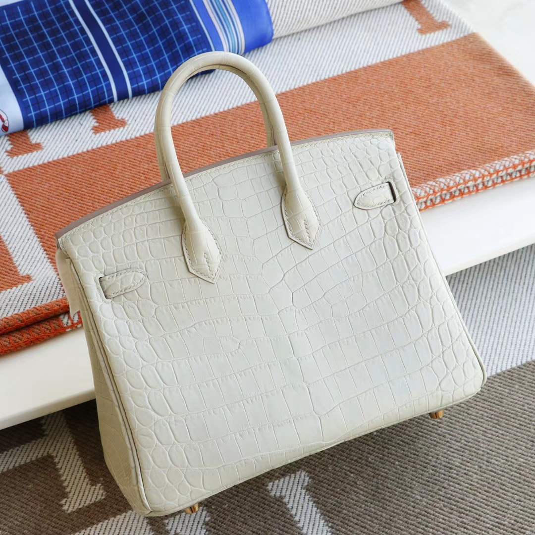 HERMES 8L奶油白 金扣 Birkin25CM 铂金包 雾面鳄鱼俩点 H家老师傅全手缝