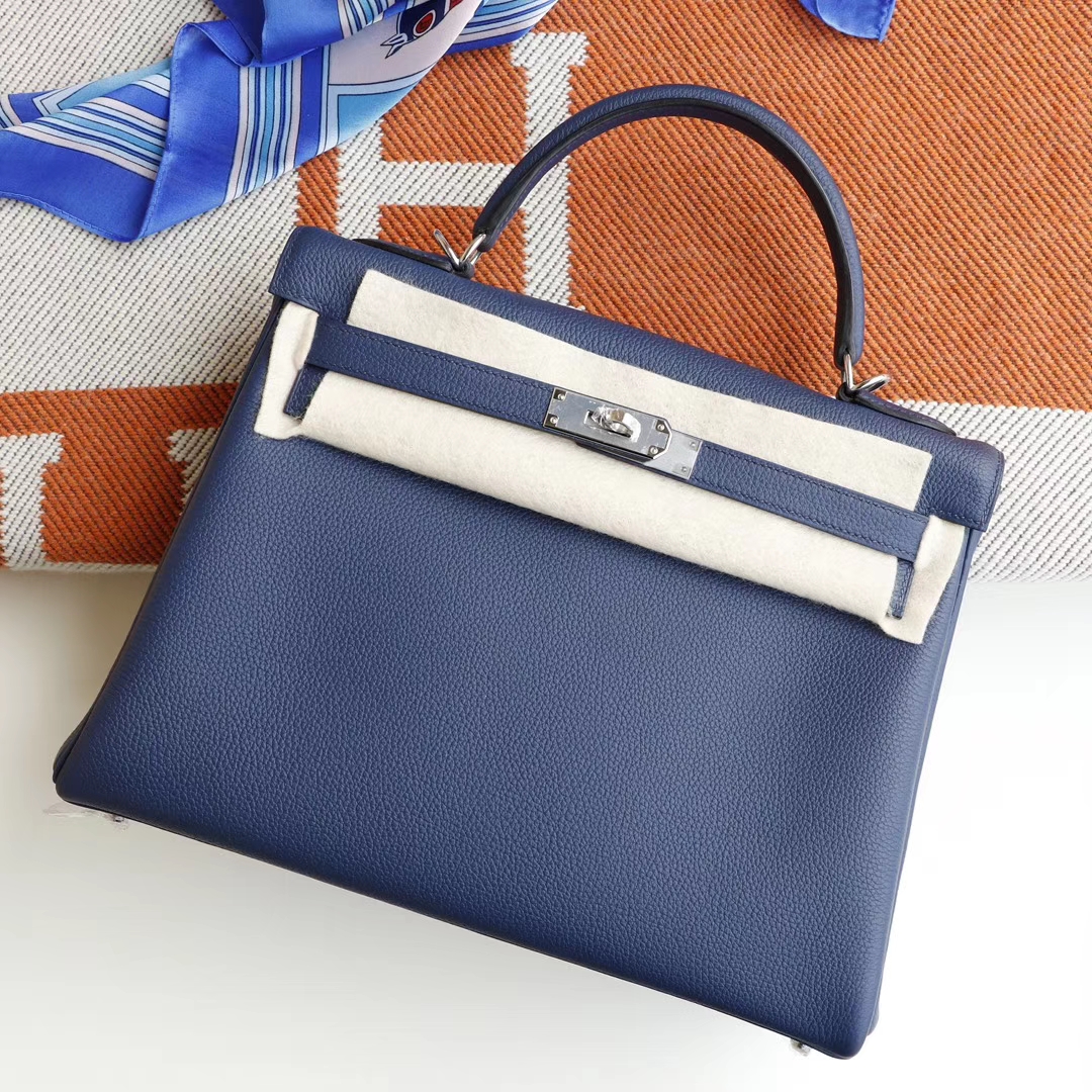 HERMES 现货、CK73宝石蓝 Kelly32CM Togo皮 银扣
