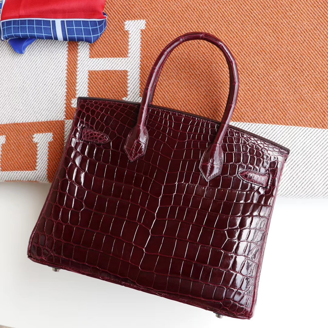HERMES 客定发货、Birkin30CM 亮面鳄鱼 CK57 Bordeaux 波尔多酒红 银扣