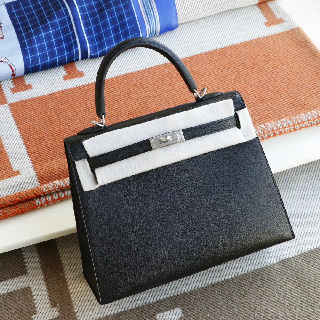 Hermes CC89黑色 磨砂银扣 Kelly25CM 原厂山羊皮 凯丽凯莉包 纯手缝蜡线缝制