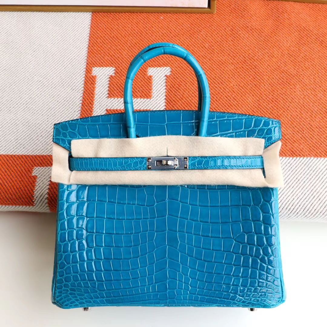 HERMES i7琉璃蓝 最顶级的Birkin25cm 亮面鳄鱼 银扣 铂金包