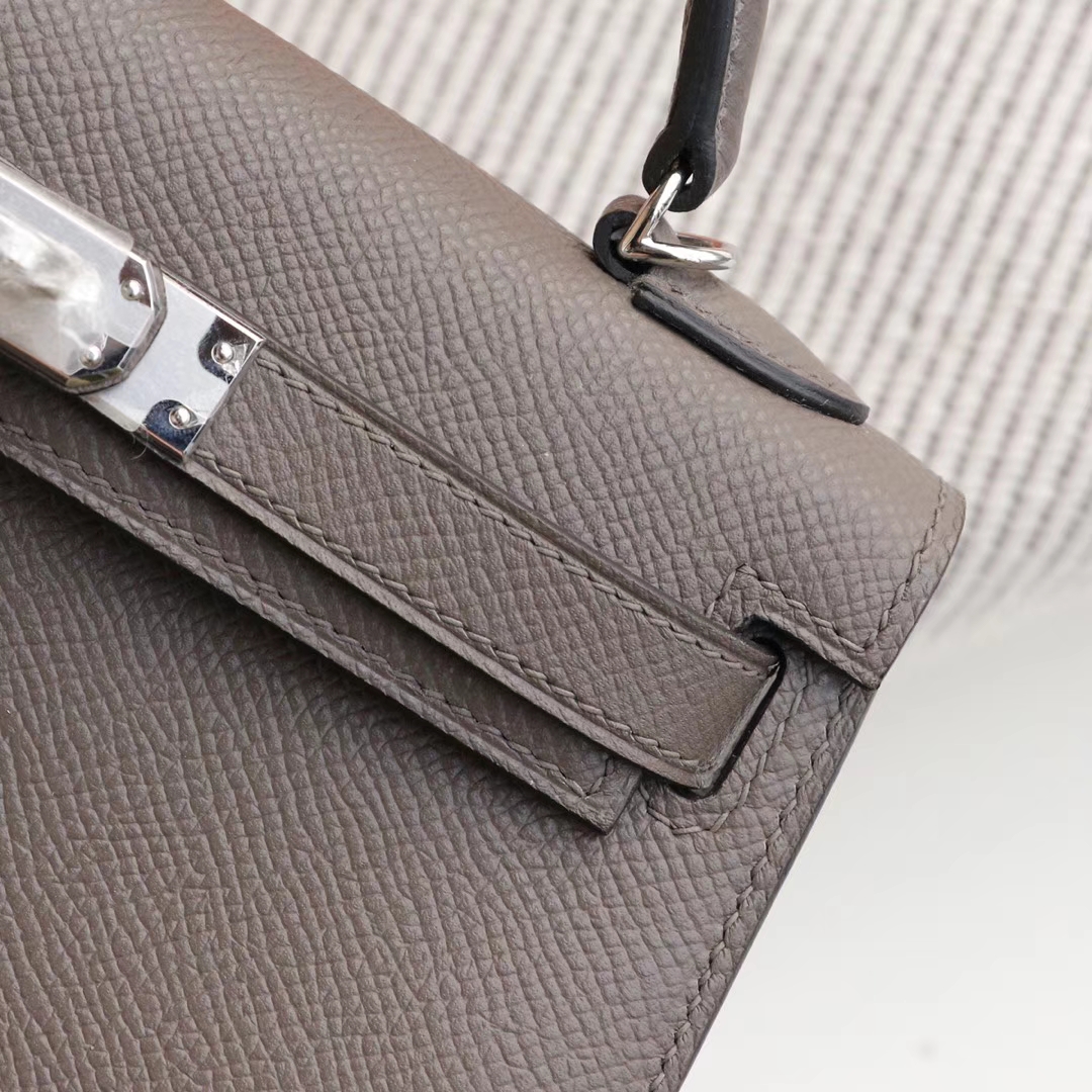 HERMES 8F锡器灰 银扣 Minikelly二代 原厂Epsom皮 迷你凯莉包 纯手缝蜡线缝制工艺