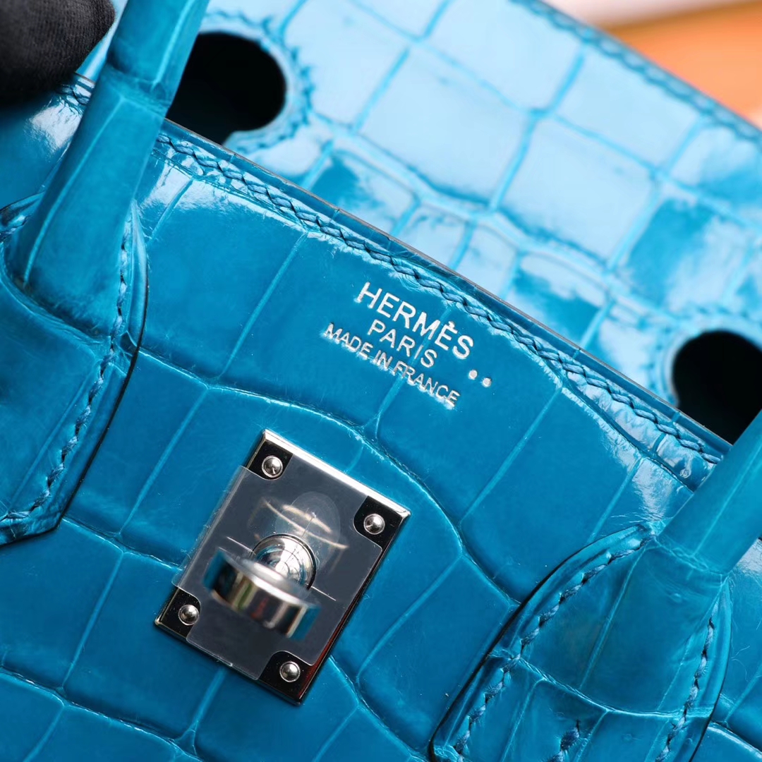 HERMES i7琉璃蓝 最顶级的Birkin25cm 亮面鳄鱼 银扣 铂金包
