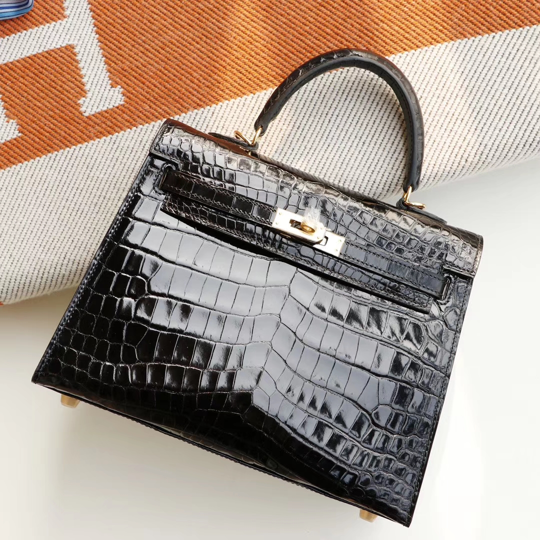 HERMES 定发货、CC89黑色 Kelly25CM 亮面鳄鱼 法国蜡线 全手缝 金扣