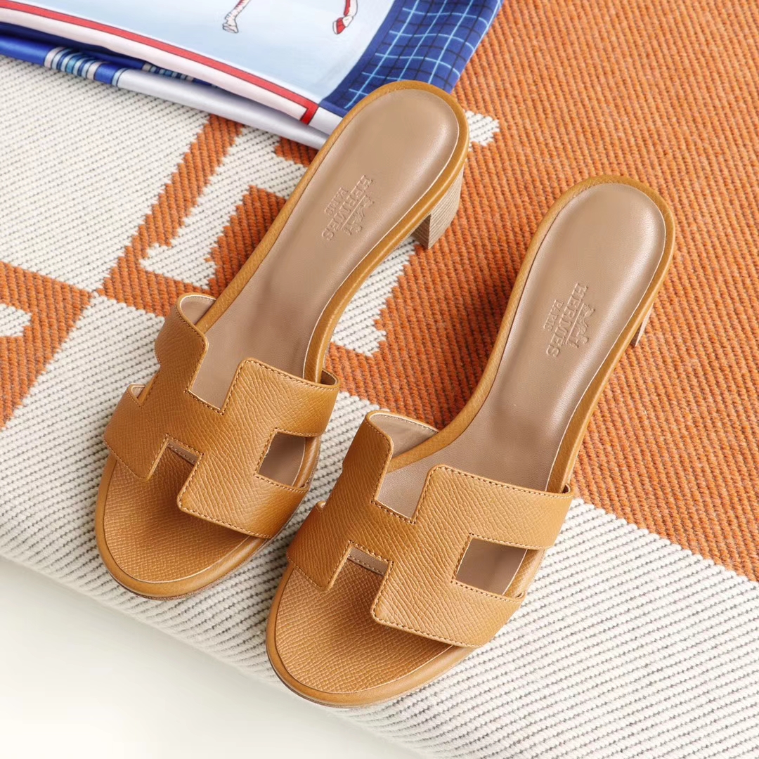 HERMES 夏季旅游凉拖必备 中跟4.5拖鞋 爱马仕Hermes Epsom 金棕 37码