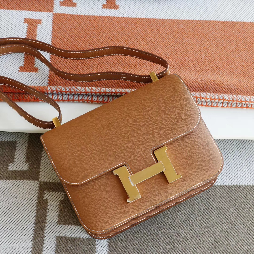 HERMES CK37金棕 金扣 Constance24CM 空姐包 原厂Epsom皮 纯手工手缝工艺制作