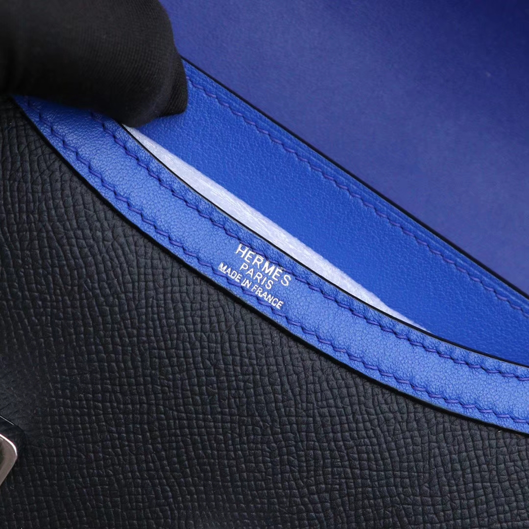 HERMES 希腊蓝拼黑色拼帆布 Constance19CM 空姐包 原厂皮料 银扣 纯手工手缝工艺制作