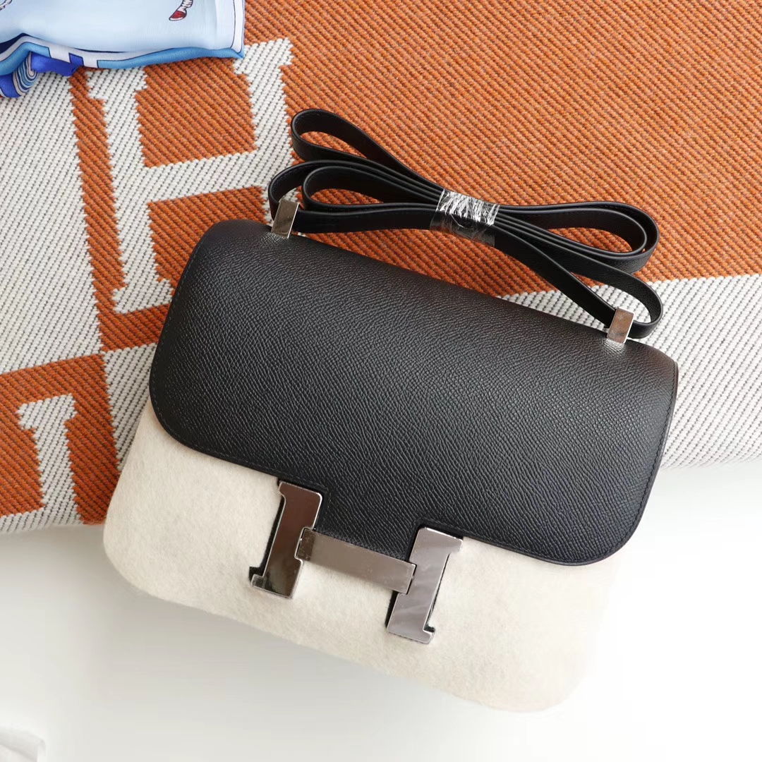 HERMES CC89黑色 Constance24CM 空姐包 原厂Epsom皮 银扣 纯手工手缝工艺制作