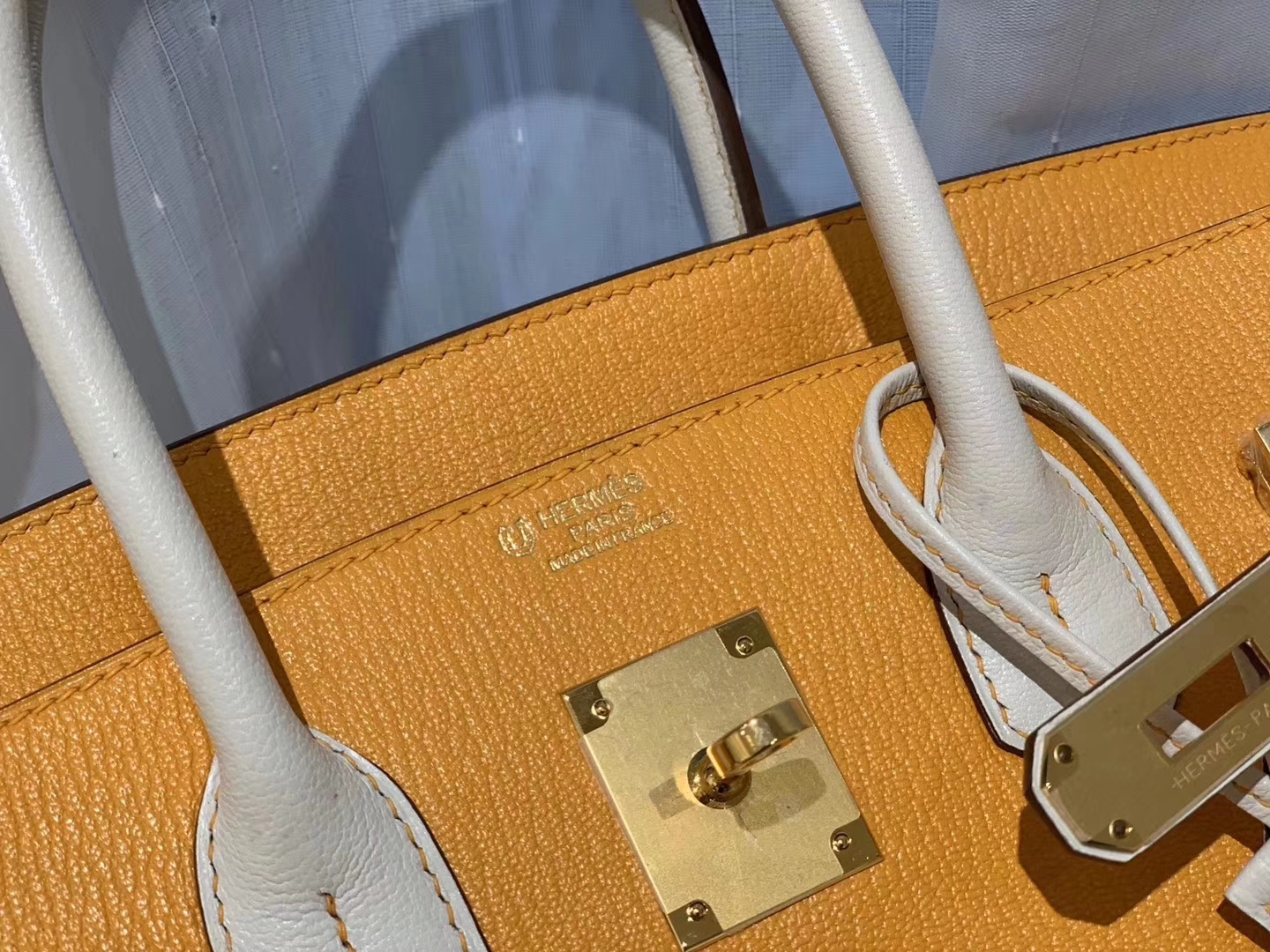 爱马仕 30birkin 山羊皮 太阳黄拼奶昔白 金扣 蜡线手缝
