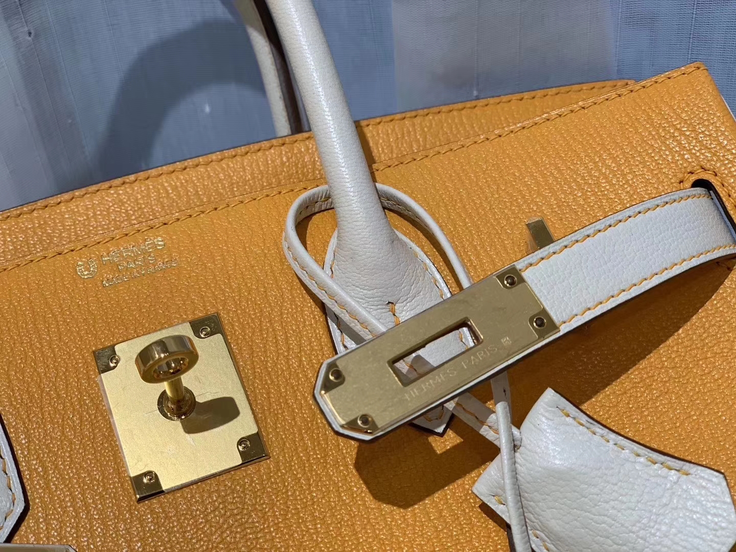 爱马仕 30birkin 山羊皮 太阳黄拼奶昔白 金扣 蜡线手缝