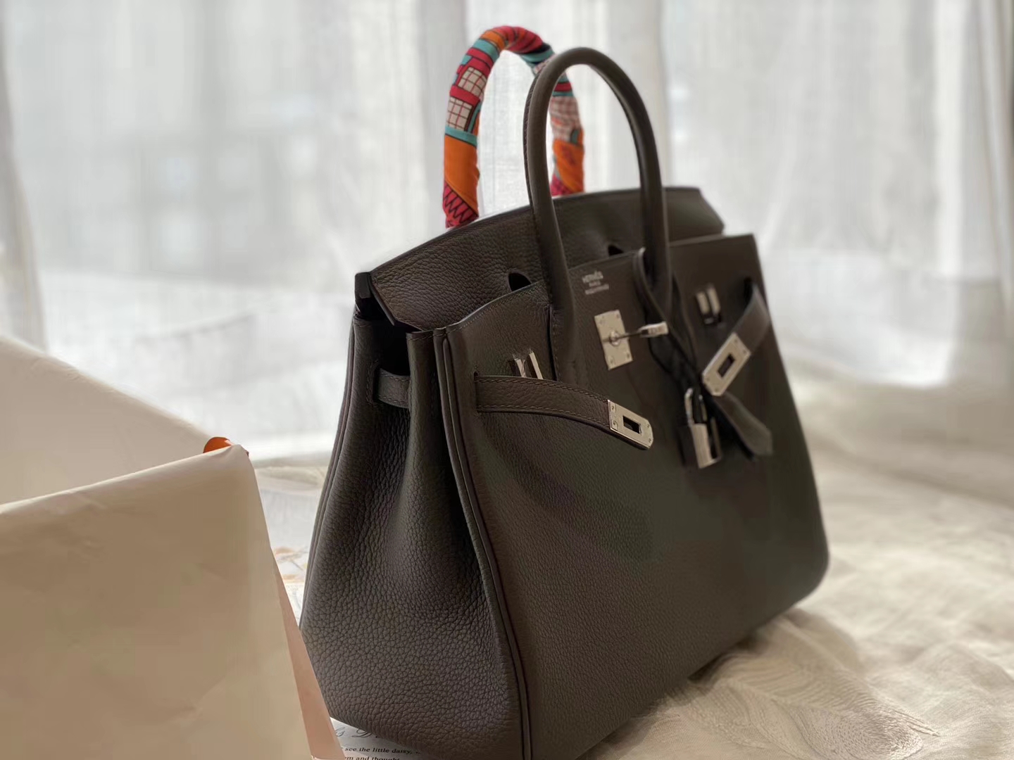 高级灰冷艳气质  8F锡器灰 银扣 birkin25CM 原厂Togo皮 铂金包 纯手缝蜡线缝制工艺