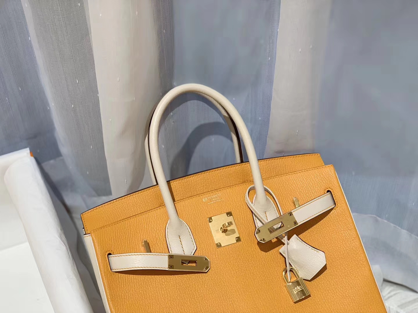 爱马仕 30birkin 山羊皮 太阳黄拼奶昔白 金扣 蜡线手缝