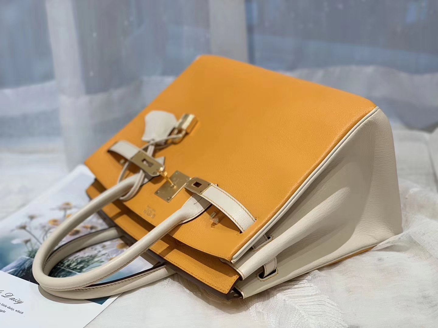 爱马仕 30birkin 山羊皮 太阳黄拼奶昔白 金扣 蜡线手缝