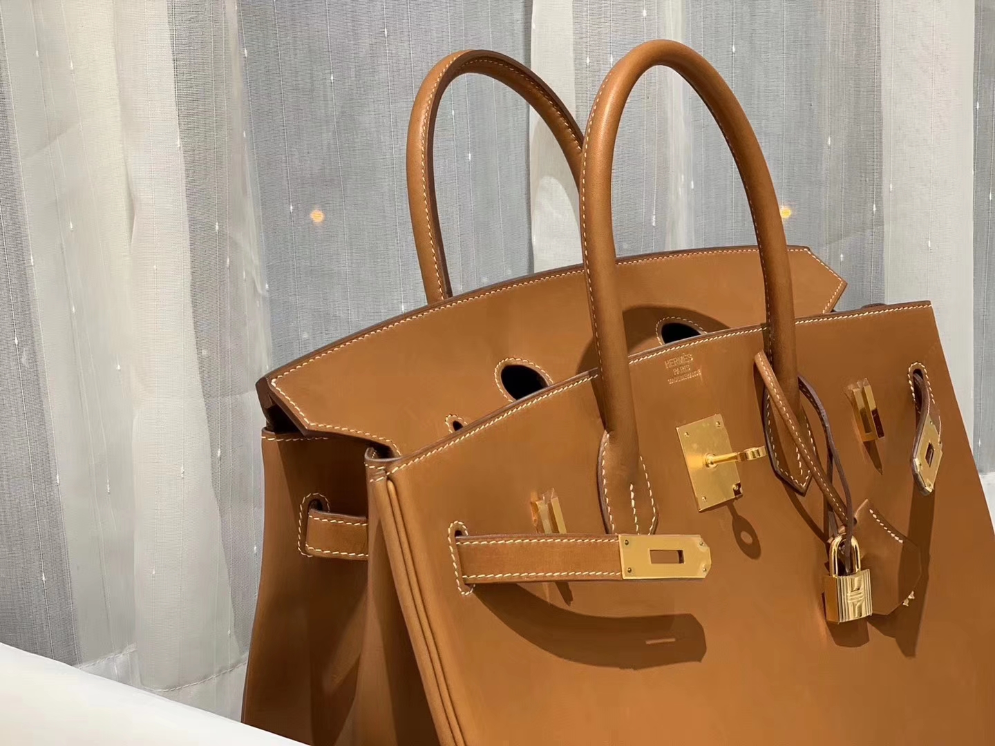 爱马仕 35birkin 原厂御用马鞍皮 马鞍色 金扣 蜡线手缝 ～