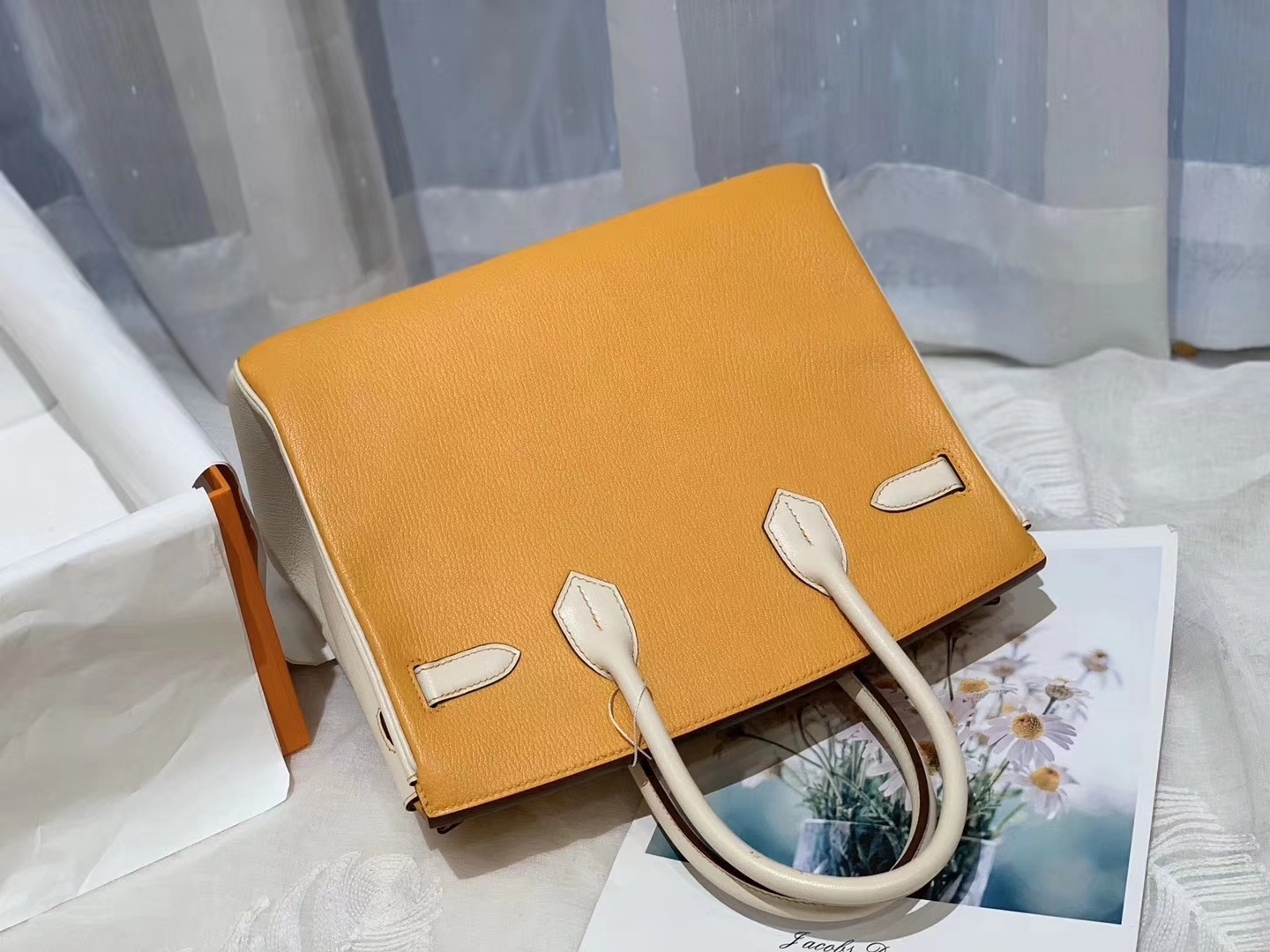 爱马仕 30birkin 山羊皮 太阳黄拼奶昔白 金扣 蜡线手缝