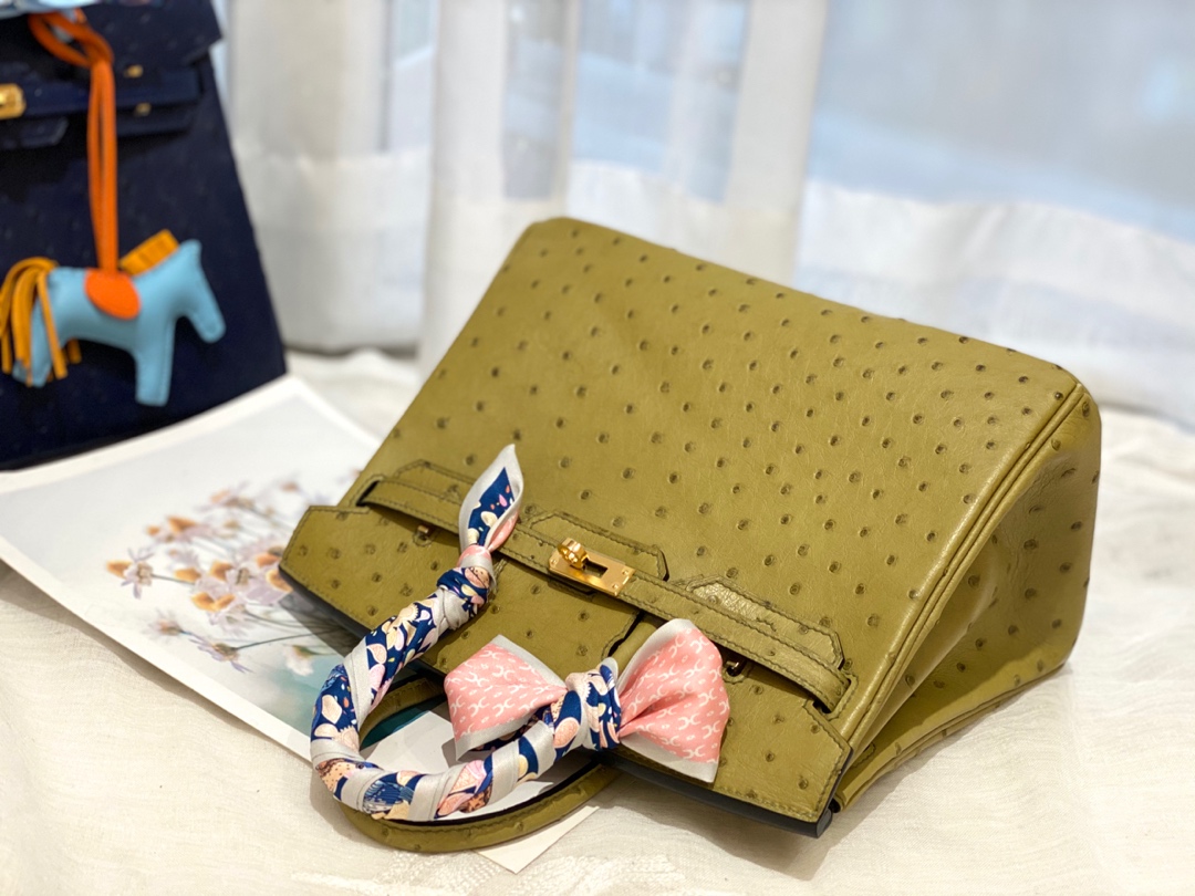 HERMES 25birkin 小可爱 进口南非kk鸵鸟皮 6E黄连木色 金扣 顶级蜡线纯手缝