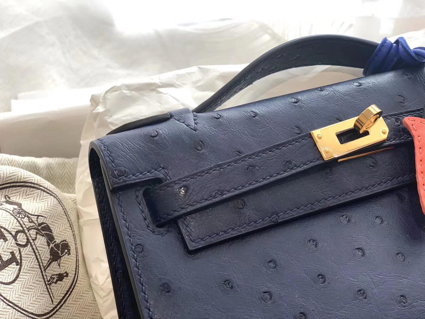 HERMES 73宝石蓝金扣 鸵鸟皮 22 Kelly pochette一代 手包晚宴包/配上猪鼻子链可当小挎包