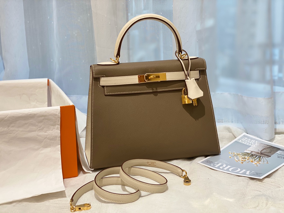 HERMES 28 Kelly epsom 皮 大象灰拼奶昔白 金扣 喜欢的可以订制