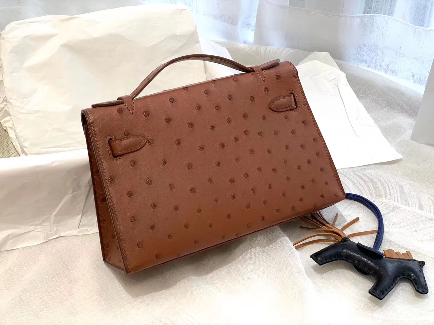 HERMES 45深棕色 金扣 鸵鸟皮 22 Kelly pochette一代 手包晚宴包/配上猪鼻子链可当小挎包