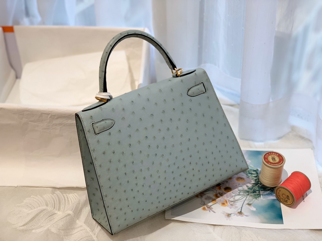 HERMES kelly 28 J7亚麻蓝 金扣 原厂南非KK Ostrich 鸵鸟皮 蜡线 顶级纯手缝  清新淡雅蓝