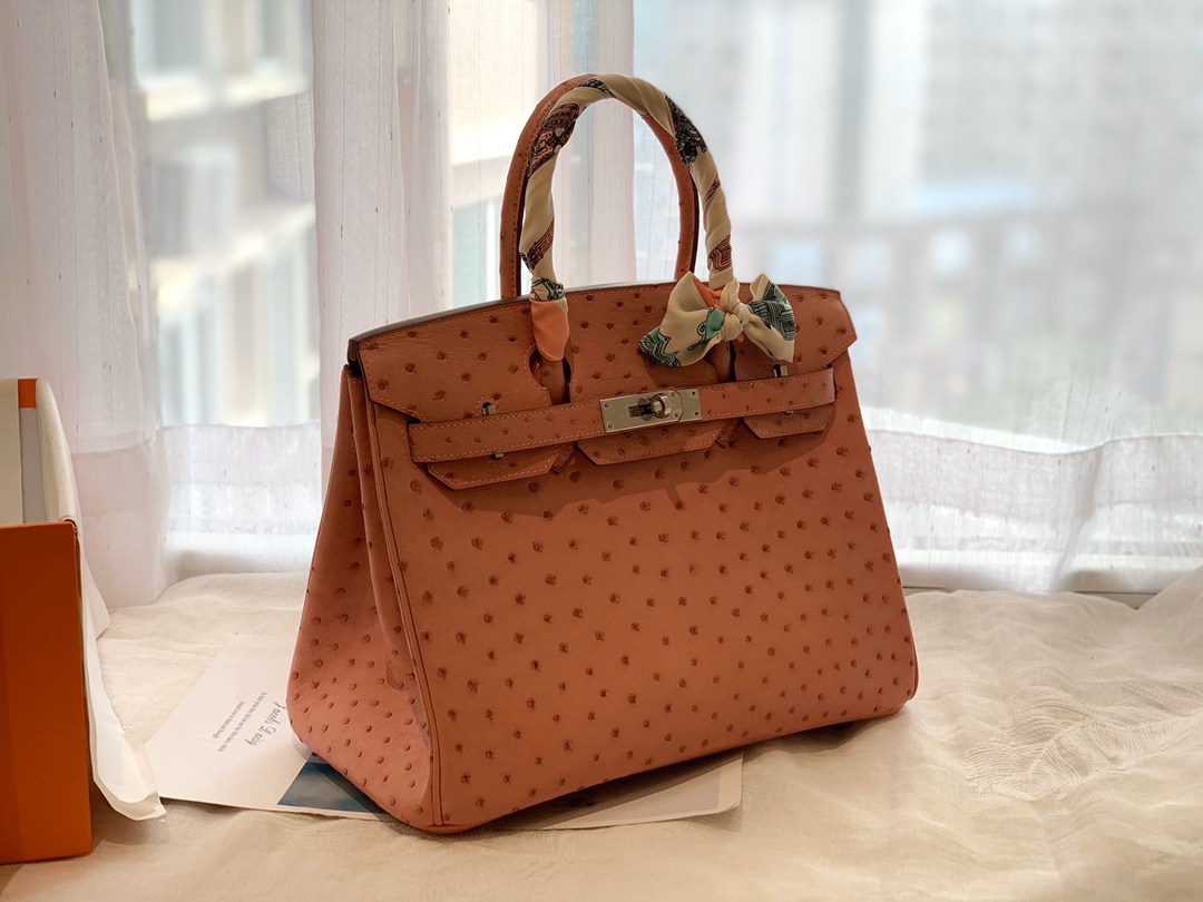 HERMES 94 陶瓷粉 银扣 30 birkin 南非鸵鸟皮Ostrich  鸵鸟皮 经久耐用 耐磨