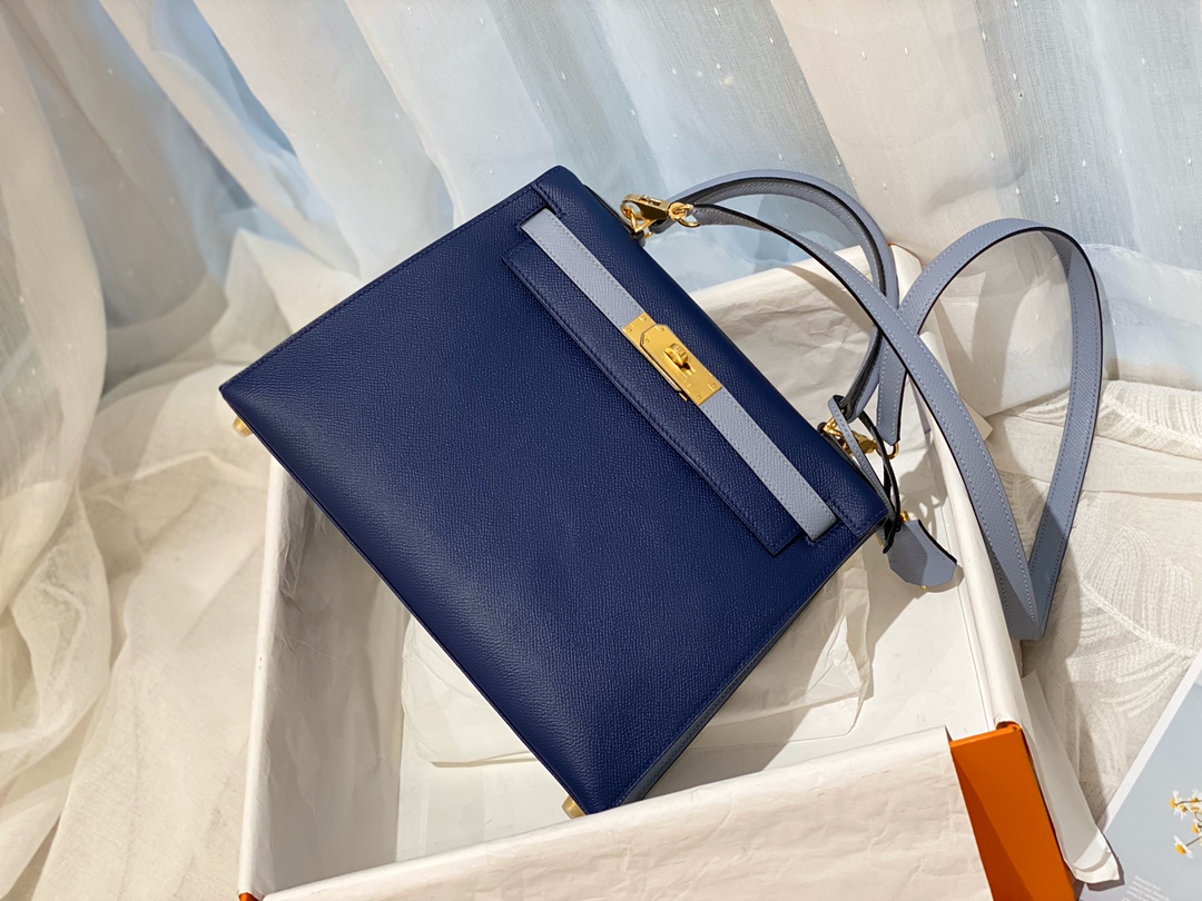 HERMES 28 Kelly epsom 皮 73宝石蓝拼J7亚麻蓝 金扣 喜欢的可以订制