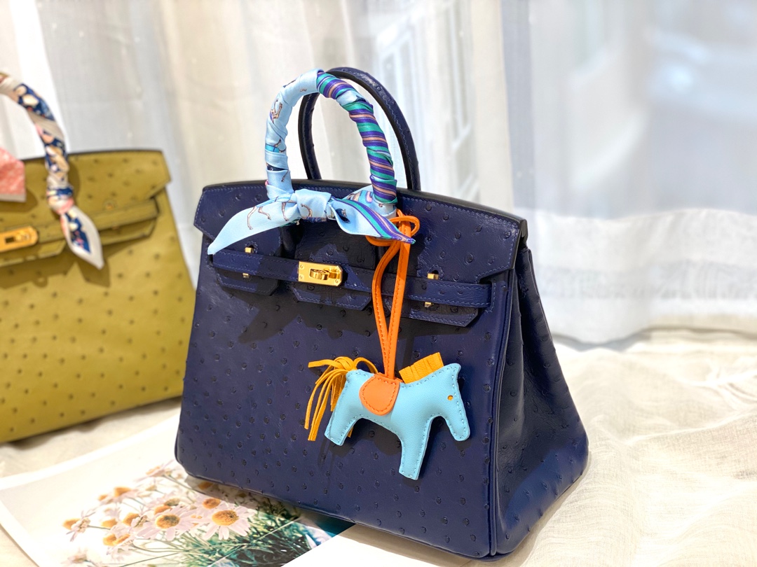 HERMES 25birkin 小可爱 进口南非kk鸵鸟皮 宝石蓝 金扣 顶级蜡线纯手缝