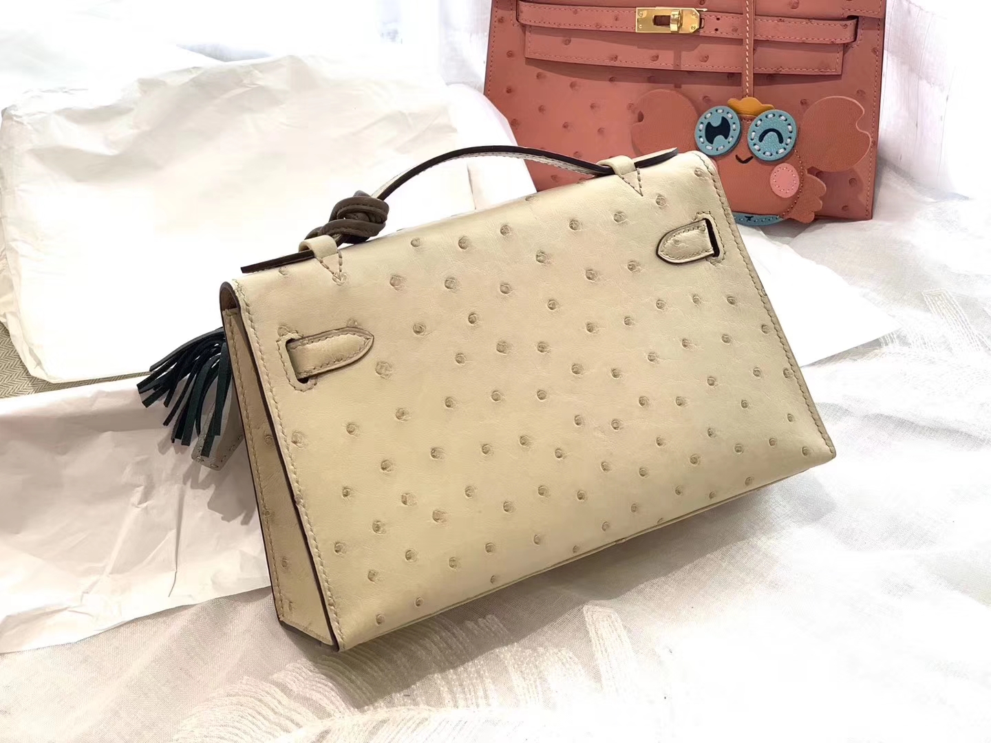 HERMES 3C羊毛白 金扣 鸵鸟皮 22 Kelly pochette一代 手包晚宴包/配上猪鼻子链可当小挎包