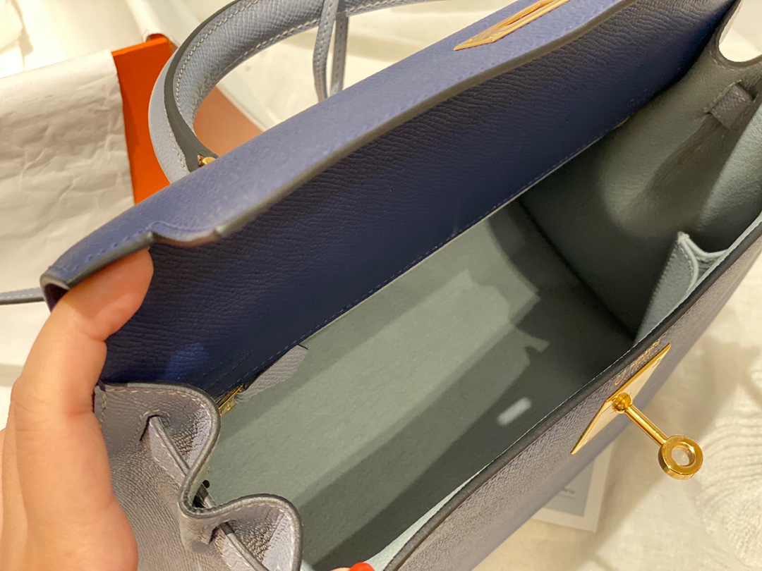HERMES 28 Kelly epsom 皮 73宝石蓝拼J7亚麻蓝 金扣 喜欢的可以订制