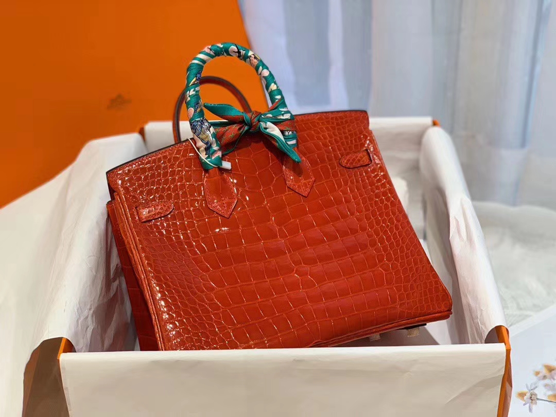 爱马仕 D5天竺葵红Geranium Alligateor 方块 美洲鳄 金扣 birkin 25
