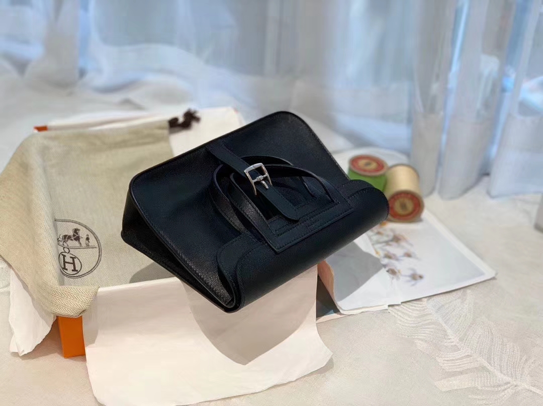 HERMES mini Halzan 肩背设计款 实用 晚宴包 进口swift 皮 89黑色