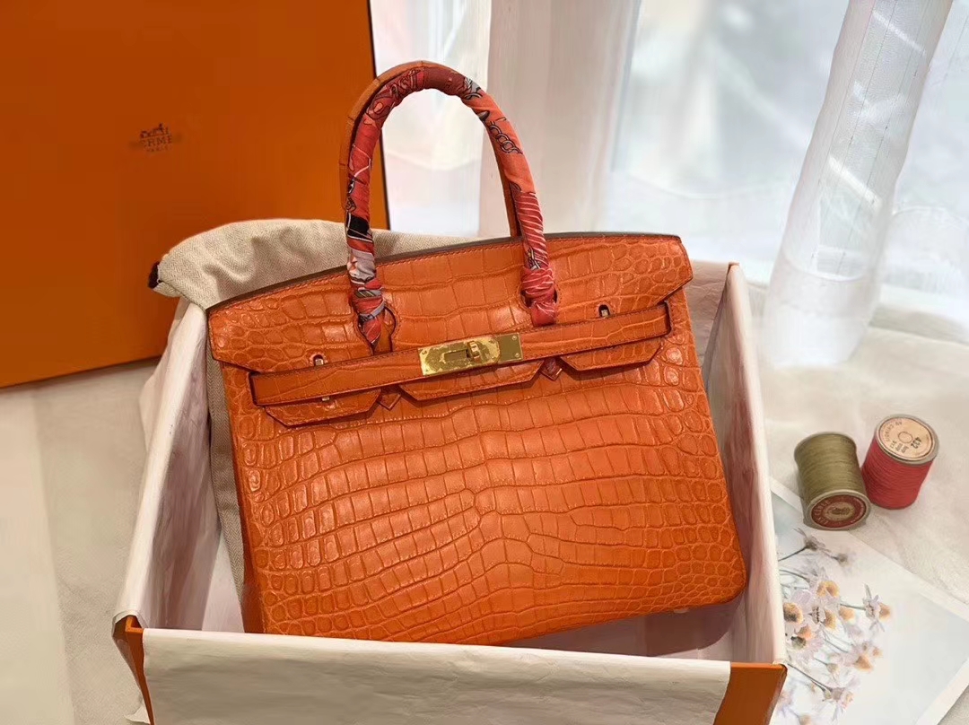  HERMES birkin 30 matte雾面 nilo crocodile尼罗鳄两点 9J火焰橙 金扣 顶级老工匠纯手缝缝制 时尚艳丽橙