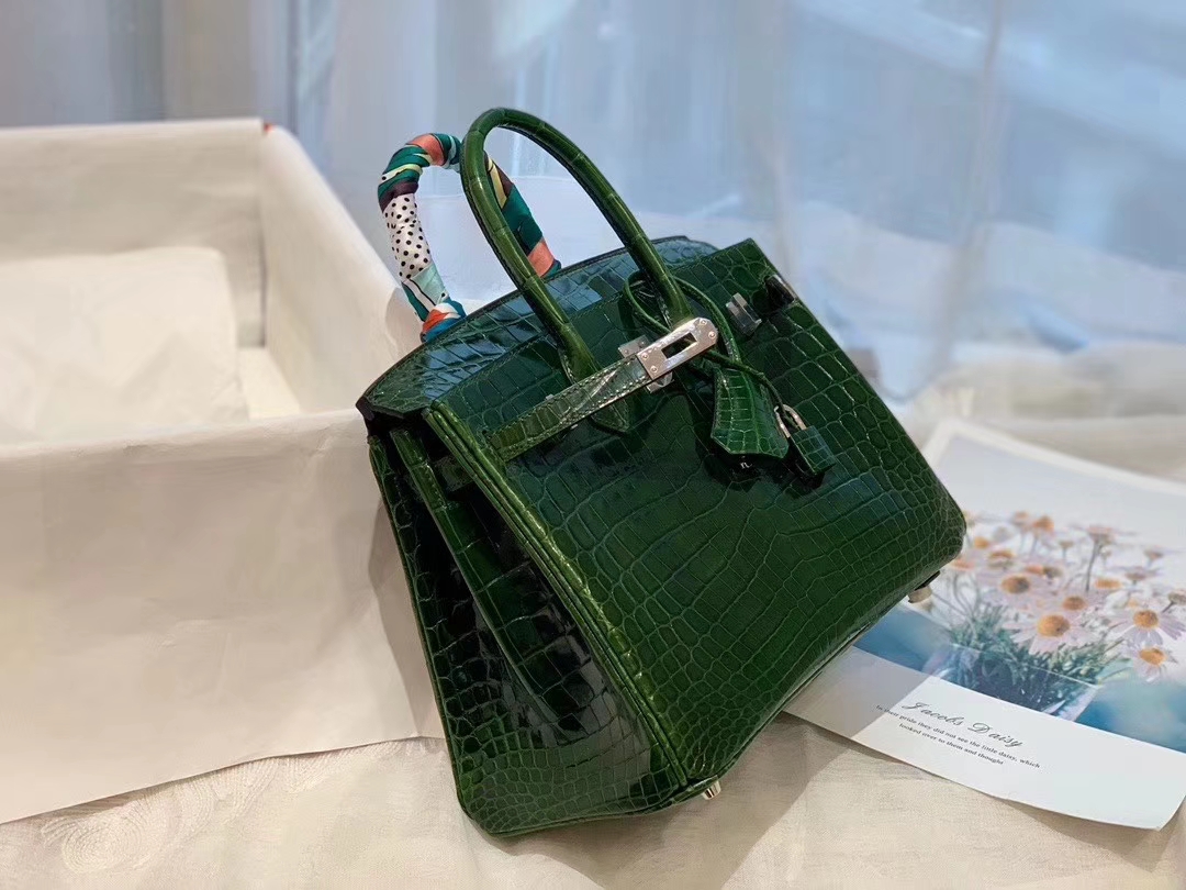 HERMES 67祖母绿Vert Fonce nilo两点 尼罗鳄 银扣 birkin 25