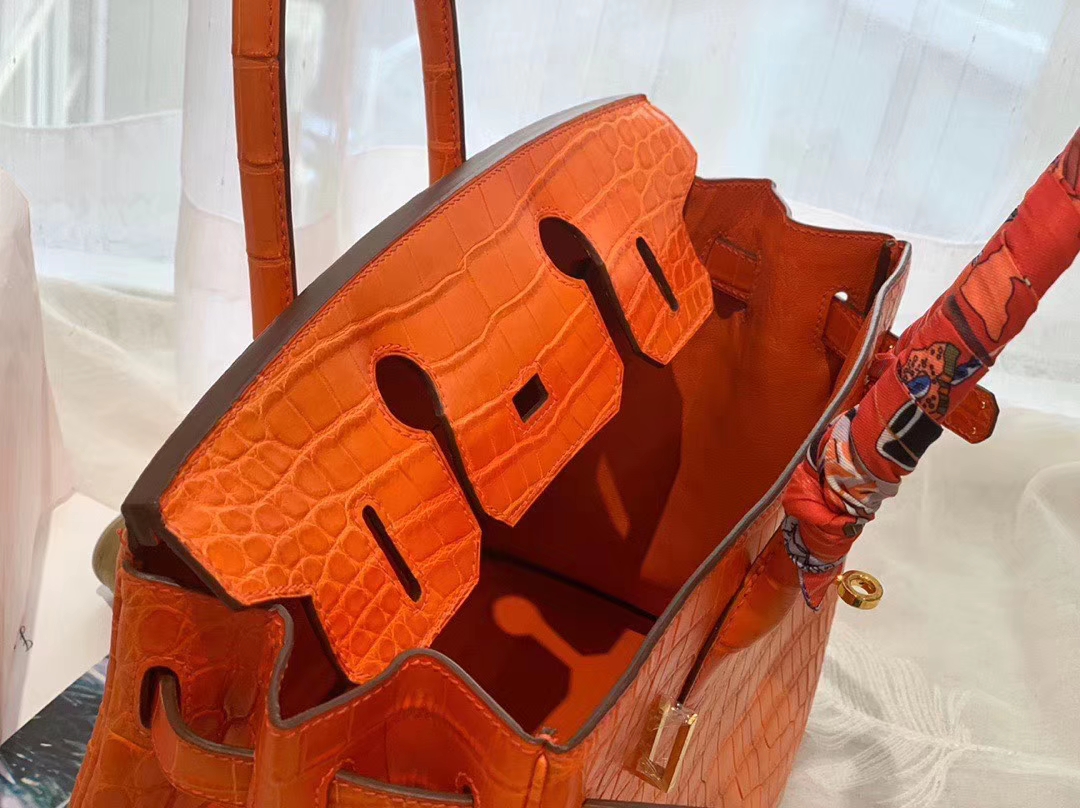  HERMES birkin 30 matte雾面 nilo crocodile尼罗鳄两点 9J火焰橙 金扣 顶级老工匠纯手缝缝制 时尚艳丽橙