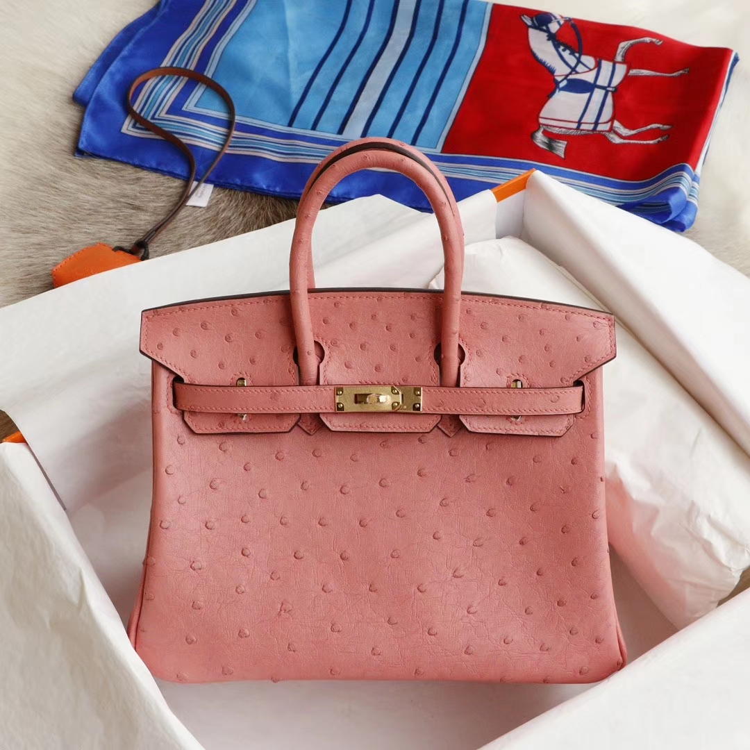 爱马仕 3Q奶昔粉 Birkin25CM 铂金包 南非KK鸵鸟皮 老师傅全手缝 金扣