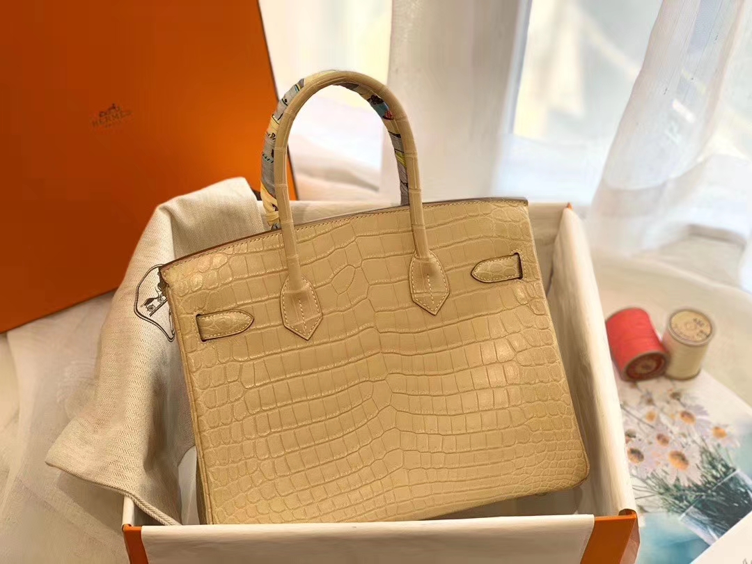 HERMES birkin 30 matte雾面 nilo crocodile尼罗鳄两点 Y1香草色 银扣 淡淡奶油黄
