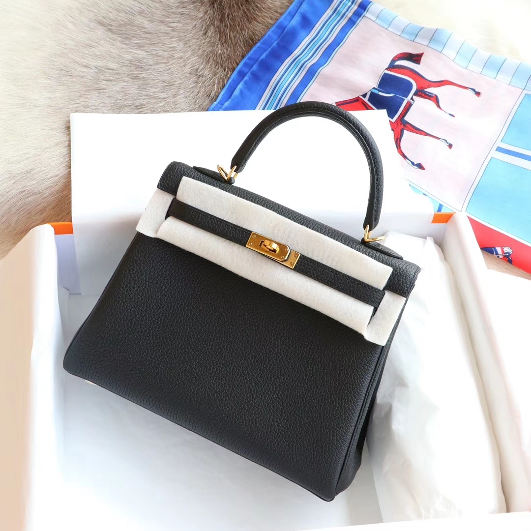 爱马仕 CC89黑色 内缝 金扣 Kelly25CM 原厂Togo皮 凯丽凯莉包 纯手缝蜡线缝制工艺