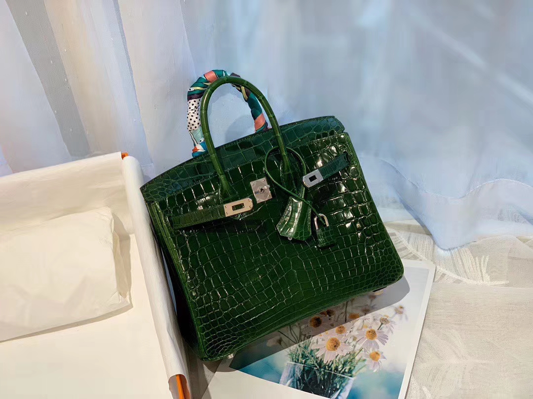 HERMES 67祖母绿Vert Fonce nilo两点 尼罗鳄 银扣 birkin 25