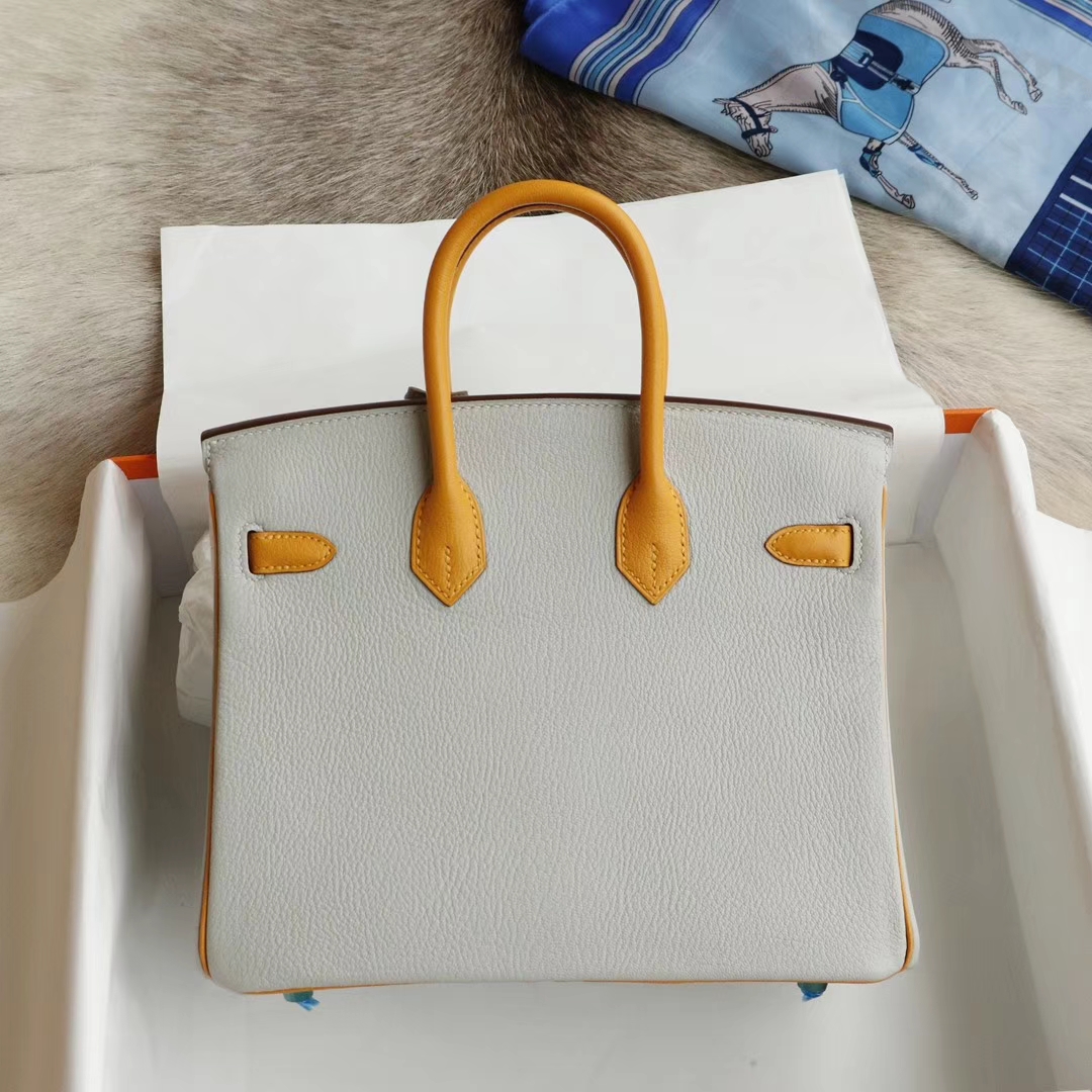 最佳搭配！CC80珍珠灰拼9j太阳黄 金扣 birkin25CM 原厂专柜山羊皮 cherve 皮 铂金包 纯手缝蜡线缝制工艺