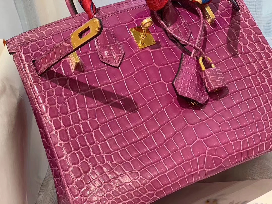 HERMES 5J浅梅紫 porosus湾鳄倒v 金扣 birkin 25  温柔小女人气质