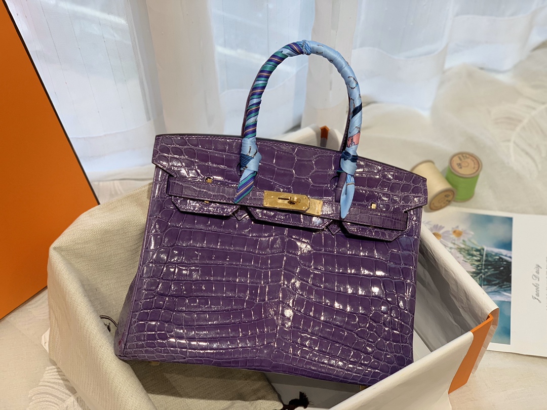 HERMES birkin 30 尼罗亮光 9W 梦幻紫 金扣 顶级老工匠纯手工缝制