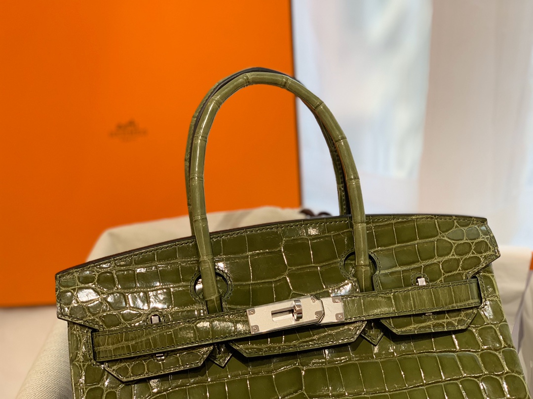 HERMES birkin 30 尼罗亮光 6H 橄榄绿 银扣 顶级老工匠纯手工缝制