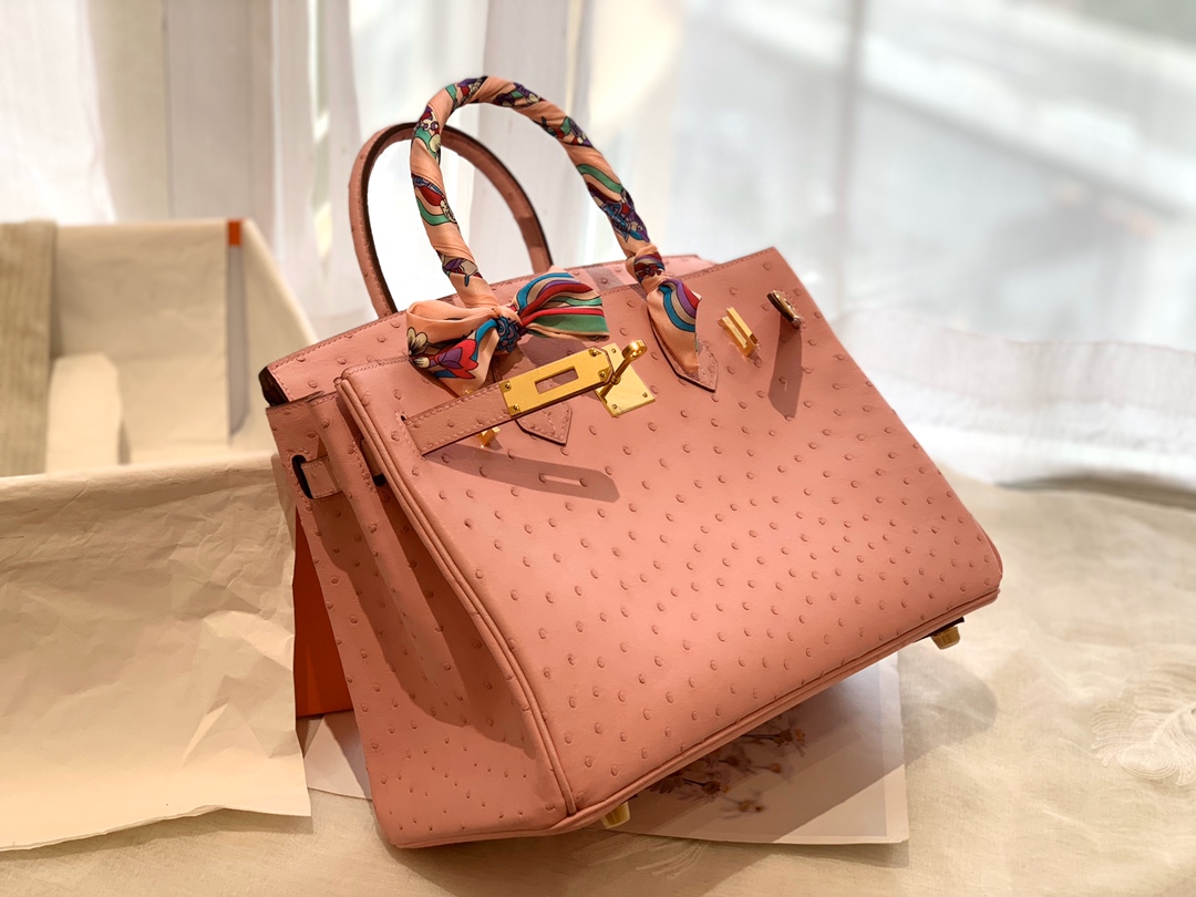 HERMES 3Q 粉色 金扣 30 birkin 南非鸵鸟皮Ostrich 鸵鸟皮经久耐用 耐磨 自重轻 越用越有光泽